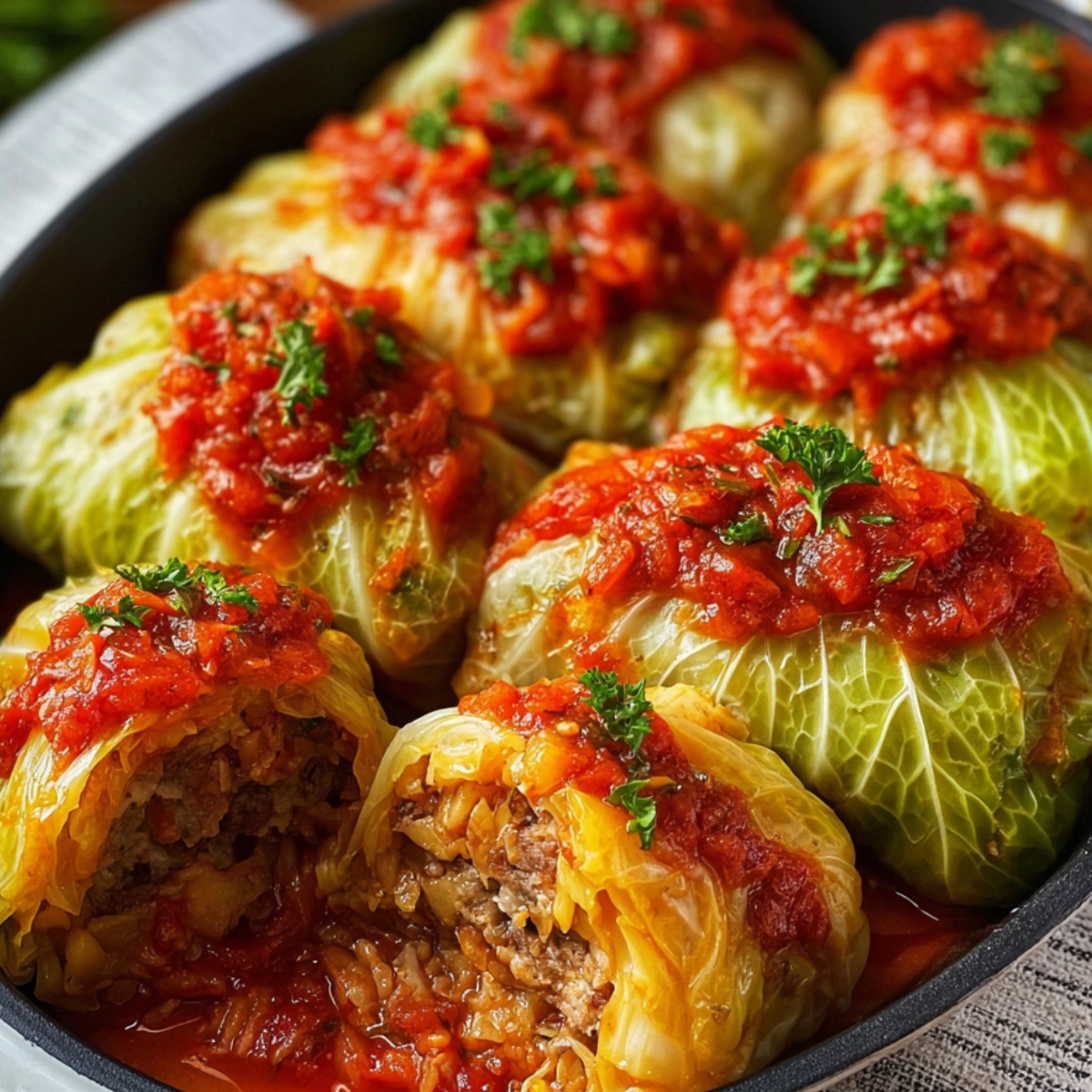 Homemade Cabbage Rolls Recipe in a baking dish, topped with chunky tomato sauce and fresh parsley, one roll cut open to show the beef and rice filling.