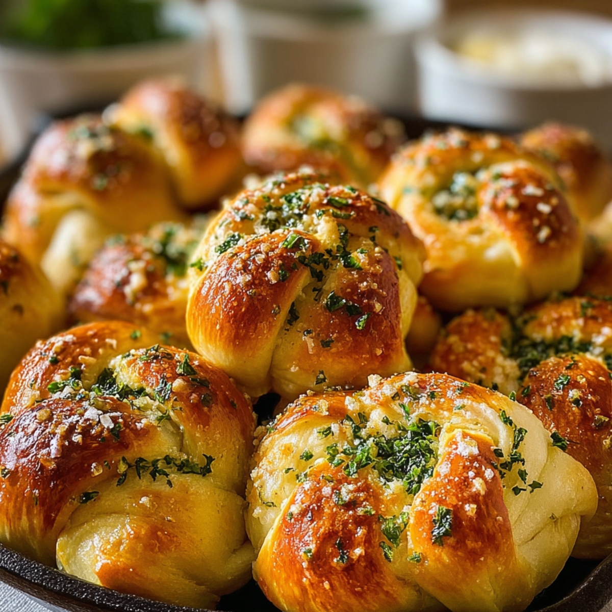 A cast iron pan filled Garlic Knots Recipe with golden, buttery garlic knots topped with parsley.