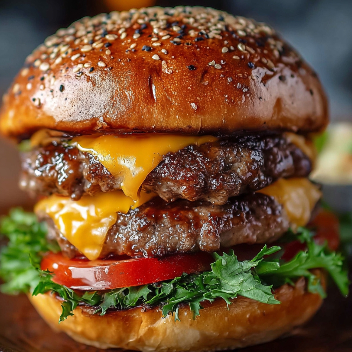 A stacked Hamburger Patty Recipe with two beef patties, melted cheddar cheese, lettuce, tomato, red onion, and a sesame seed bun.