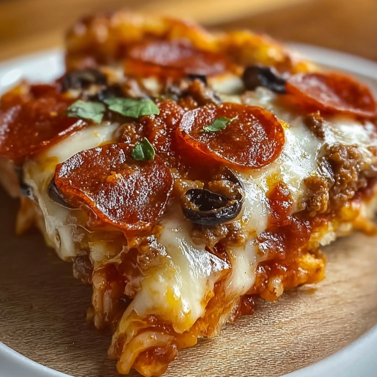 A close-up of a single serving of pizza casserole recipe on a white plate, layered with pasta, meat sauce, melted cheese, and pepperoni slices.
