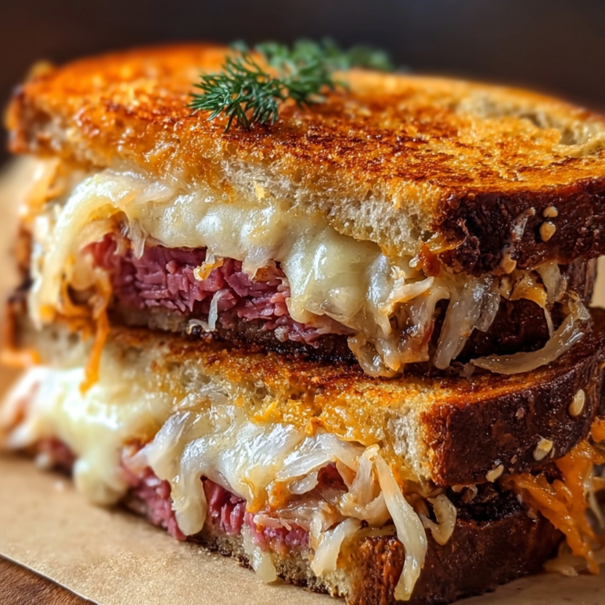 The finished Reuben Sandwich hot off the skillet: crispy golden bread with a buttery crunch, gooey Swiss cheese melting into savory beef and sauerkraut, ready to bite into.