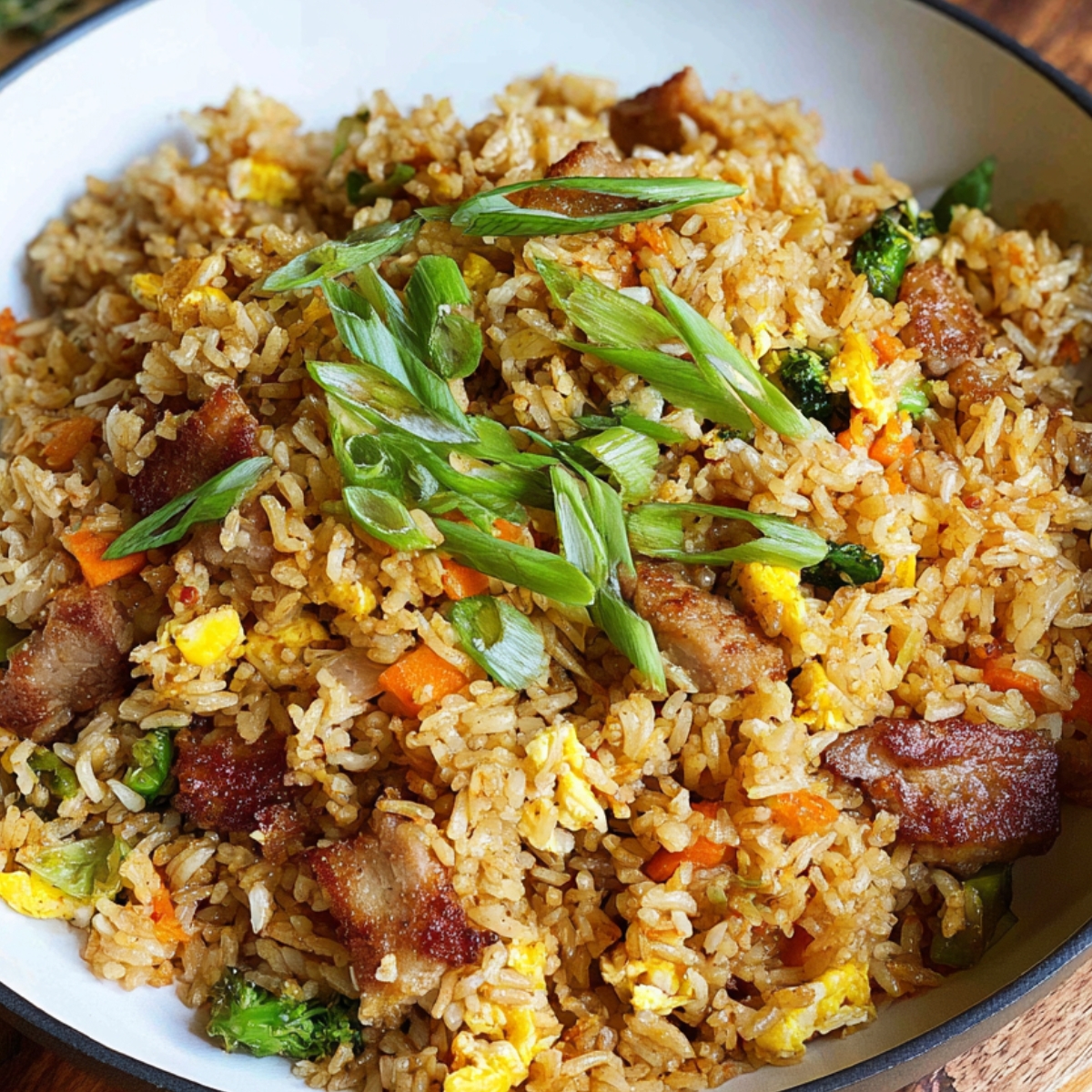 A wooden bowl of pork fried rice recipe : golden fried rice with scrambled egg, green peas, diced carrots, and crispy pork pieces, garnished with sliced green onions and herbs on top.