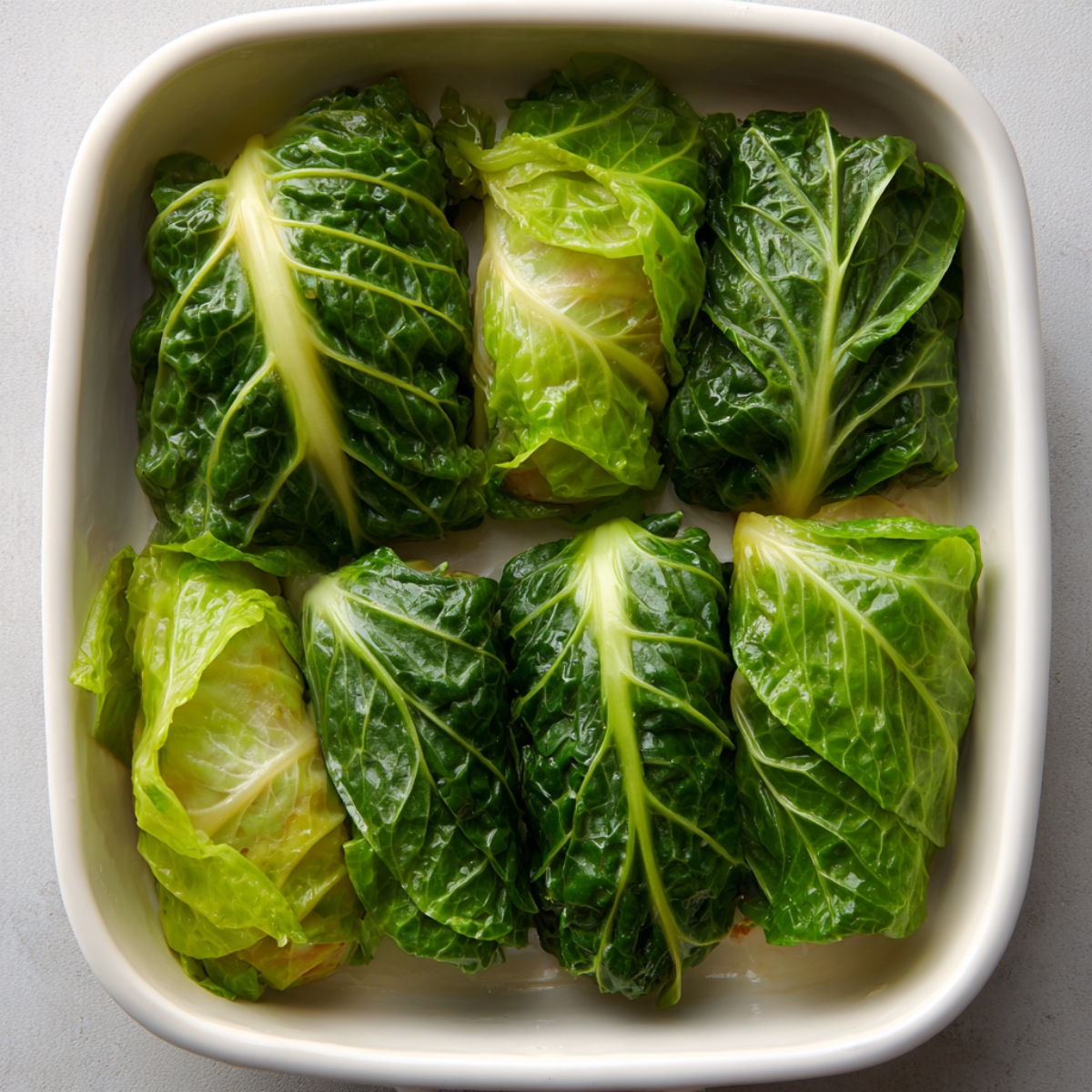 Freshly rolled cabbage leaves neatly arranged seam-side down in a white baking dish before sauce is added.