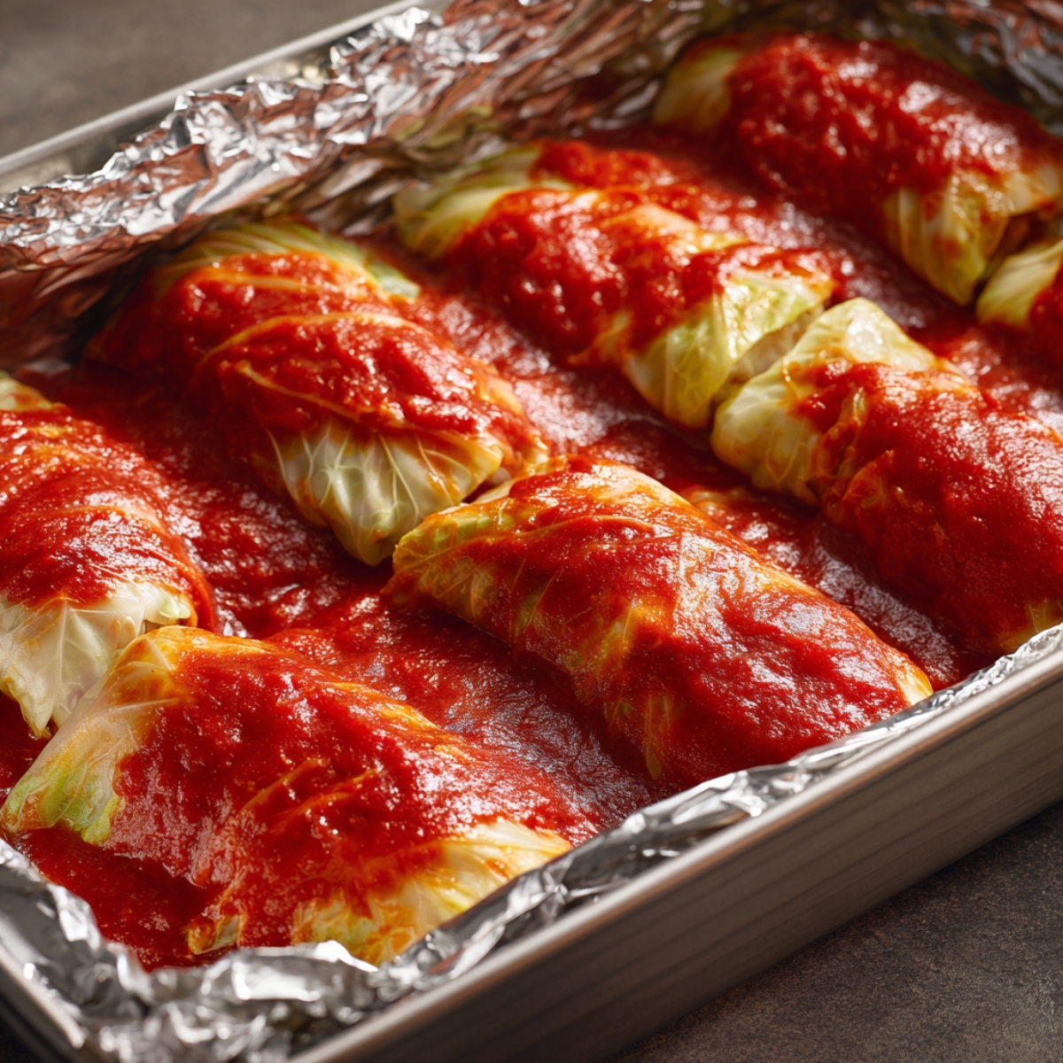 Cabbage rolls arranged in a foil-lined baking dish, generously covered with rich tomato sauce, ready to bake.