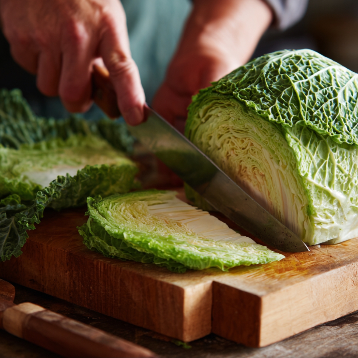 Person cutting through a fresh green cabbage head on a wooden board, removing the core and thick stem sections.