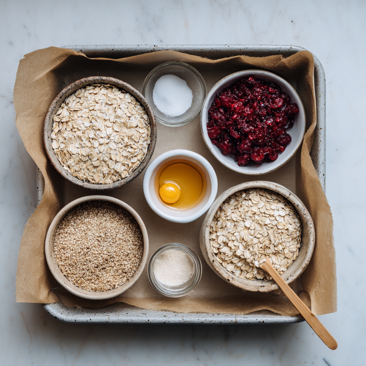 A small parchment-lined tray with bowls of ingredients including oats, dried cranberries, salt, honey, and sesame seeds.