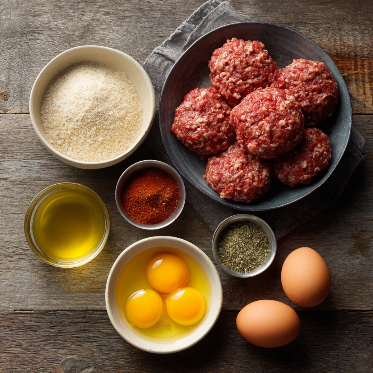 Raw ground beef balls in a bowl with eggs, olive oil, breadcrumbs, and assorted spices on a wooden table.