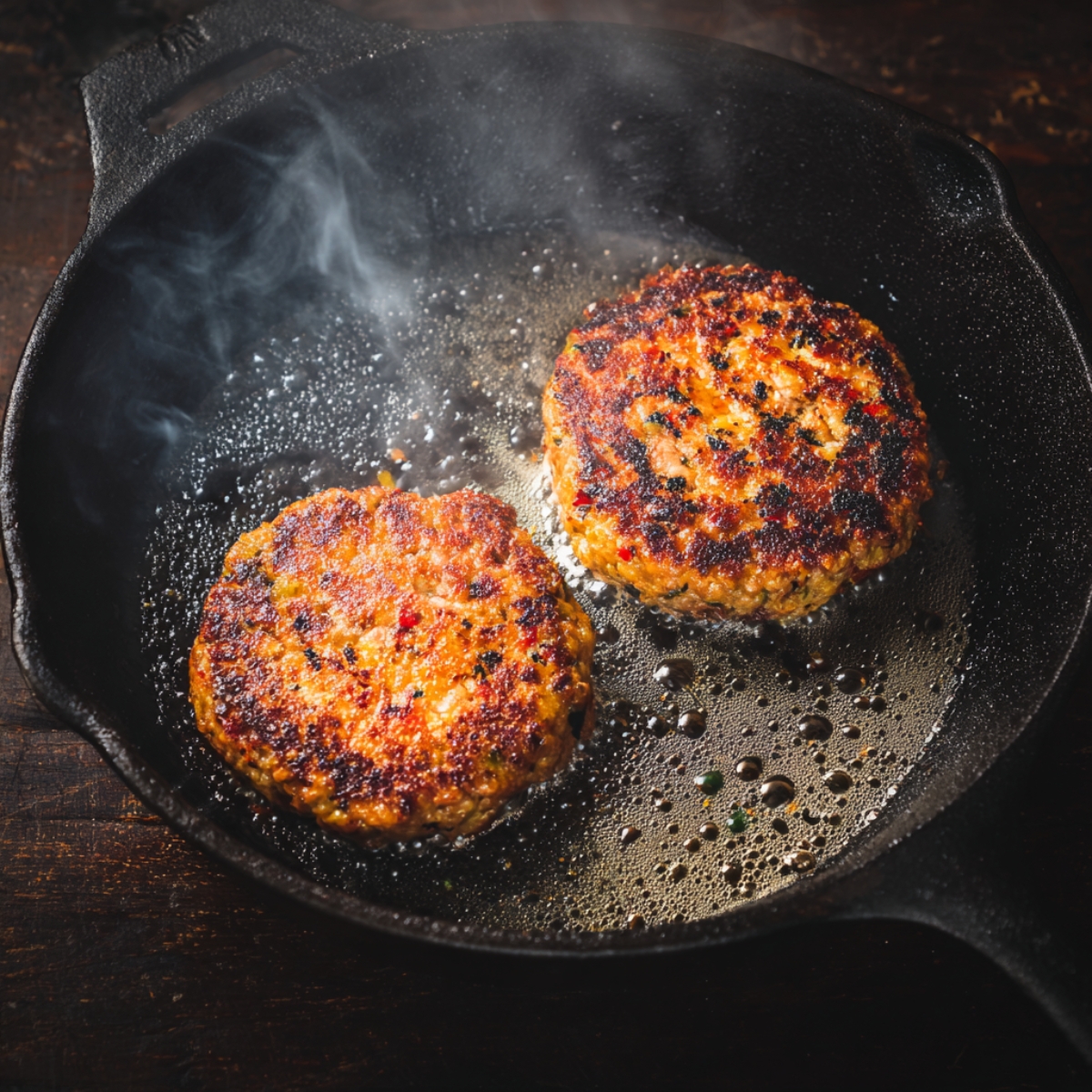 Two beef patties sizzling in a hot cast iron skillet, with steam rising as they sear.