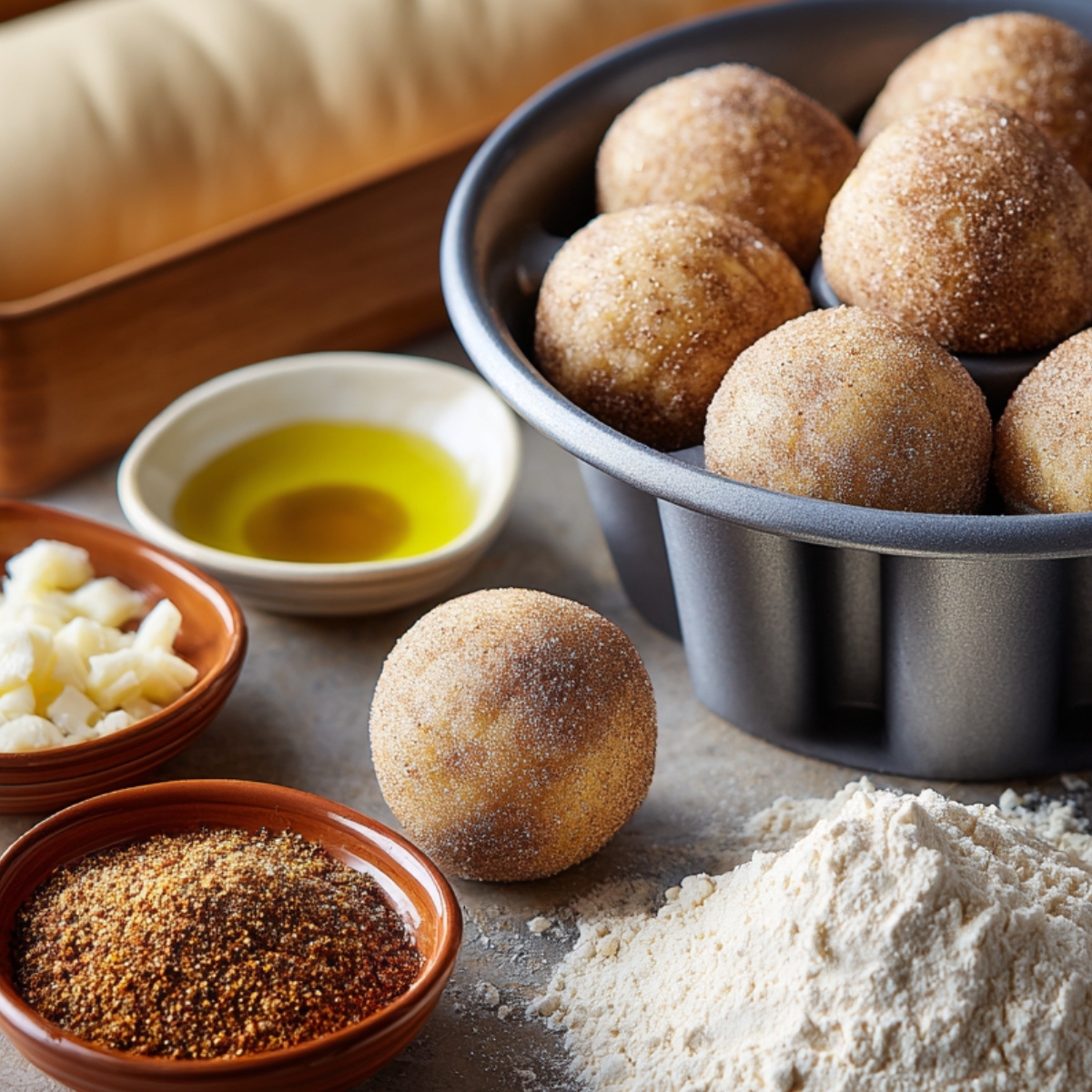 A bundt pan filled with cinnamon-sugar-coated dough balls, surrounded by flour, melted butter, sugar, and chopped ingredients, with a loaf of dough resting in a wooden tray.