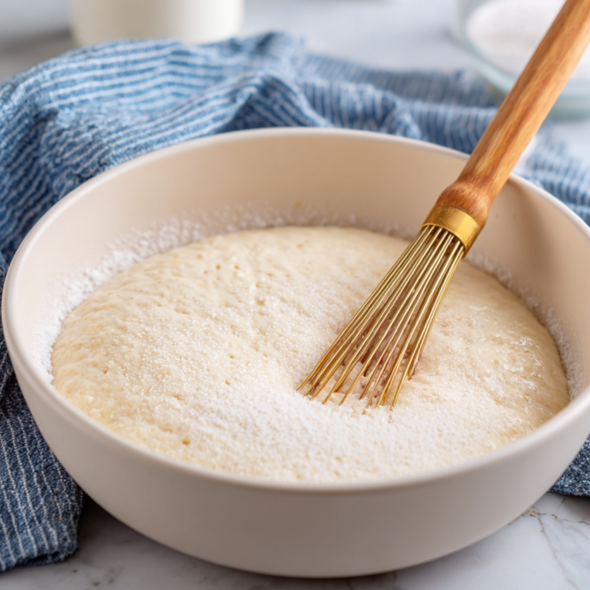 A bowl of foamy yeast mixture with a whisk resting inside, placed on a countertop with a kitchen towel and ingredients in the background.