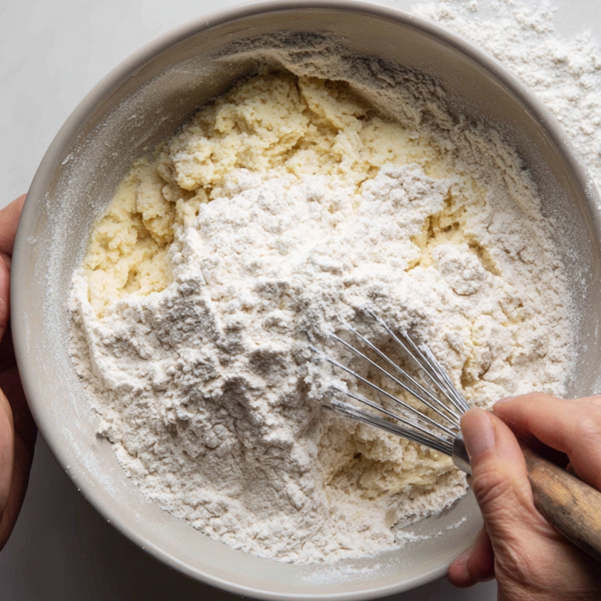 Hands whisking flour into a bowl of wet dough mixture, with flour scattered around on a white surface.