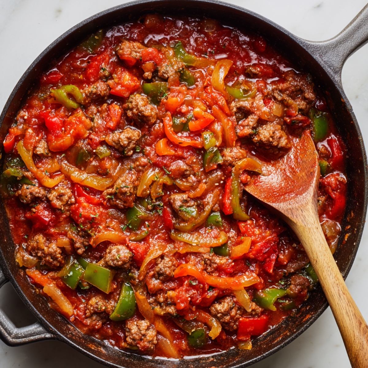 A skillet filled with sausage, onions, peppers, and tomato sauce simmering together with a wooden spoon resting inside.