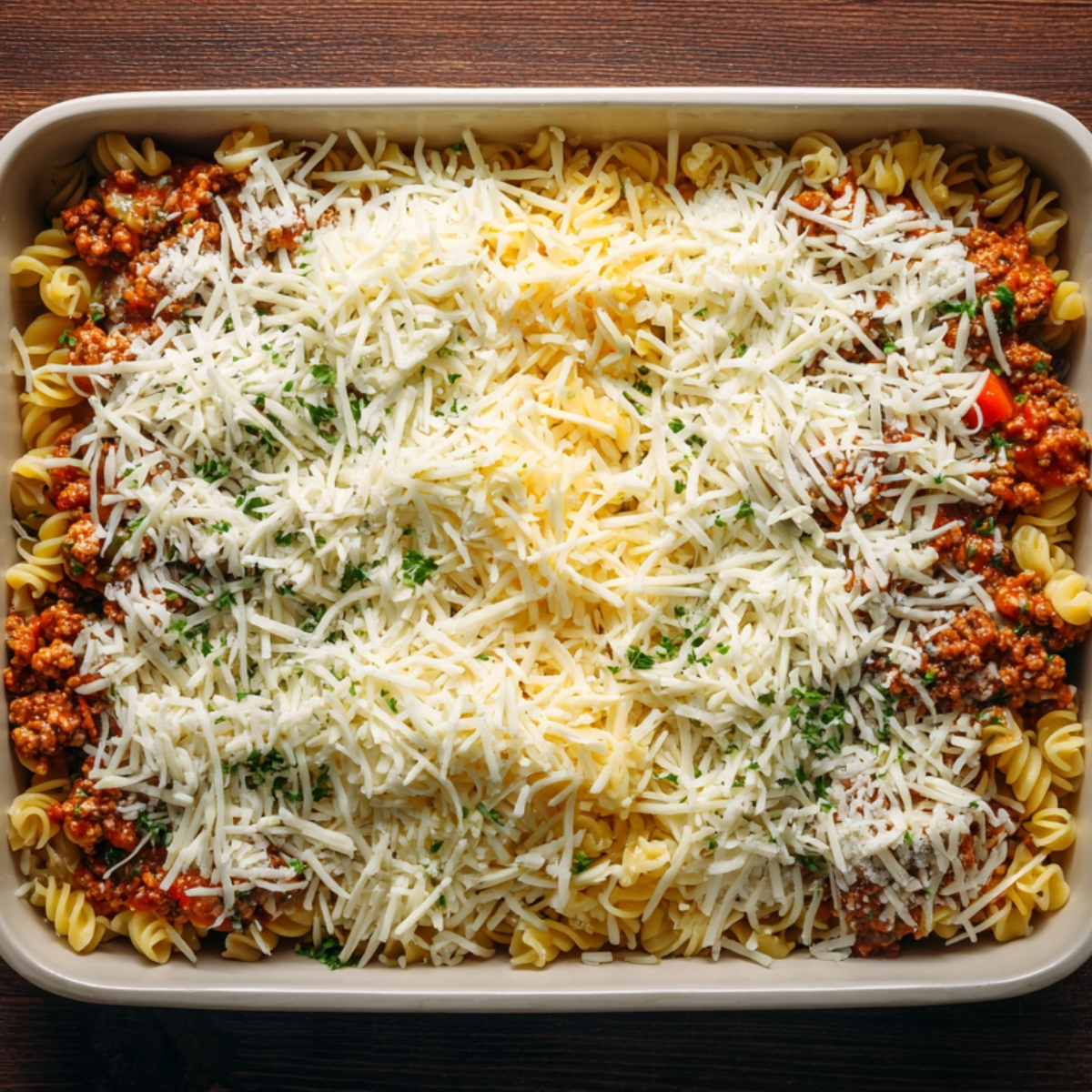 A casserole dish layered with pasta, meat sauce, and a generous topping of shredded cheese, ready to bake.