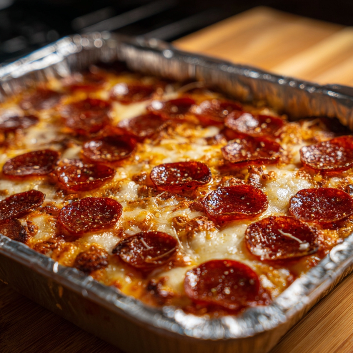 Freshly baked pizza casserole in a foil tray, topped with melted cheese and golden pepperoni slices.