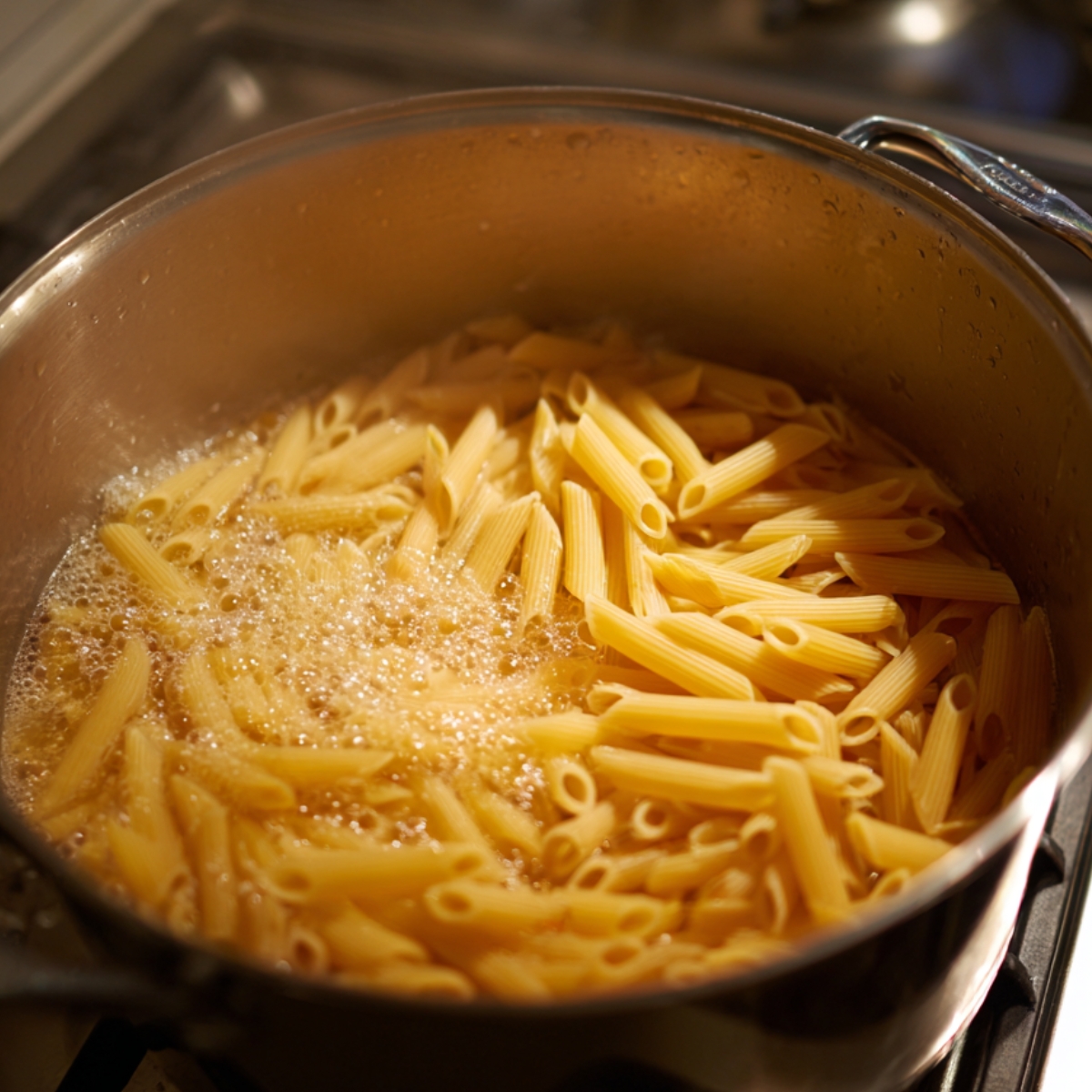 A large pot of penne pasta boiling in salted water on the stovetop.