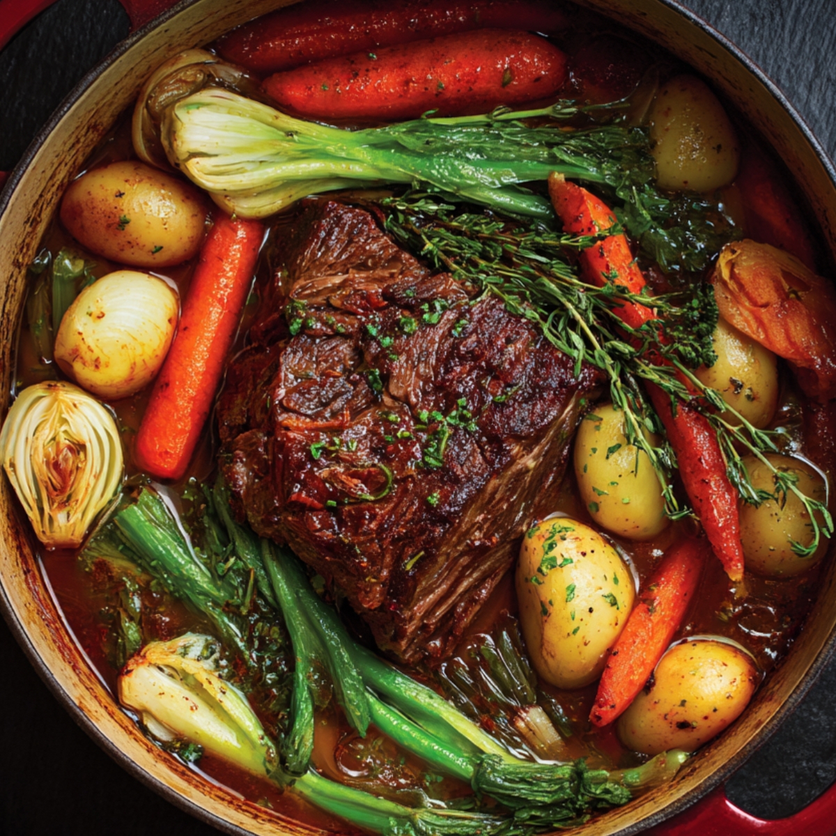“Pot roast nestled in a Dutch oven with carrots, potatoes, onions, and herbs, slowly braising in rich broth until tender.”