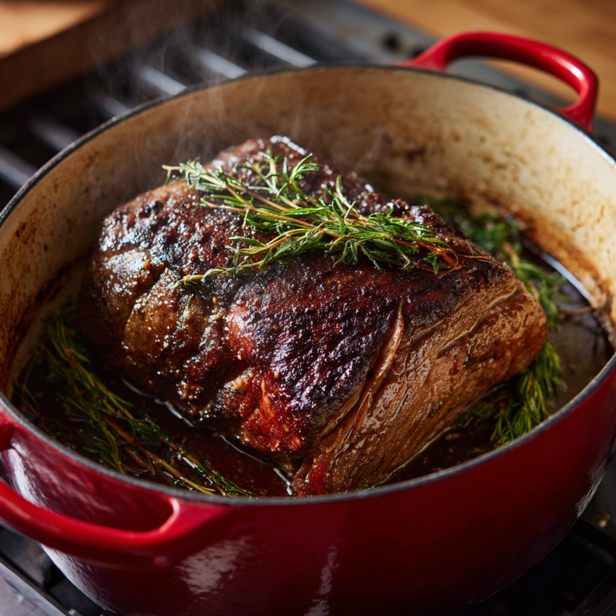 “Beef roast searing in a red Dutch oven, deeply browned on all sides with fresh rosemary and thyme releasing aroma.”