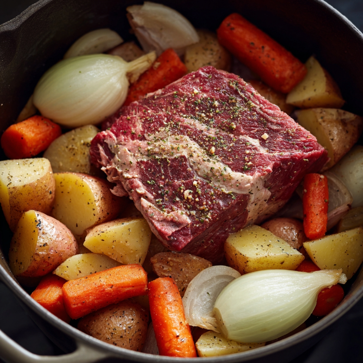 “Uncooked chuck roast seasoned with salt and pepper, surrounded by large chunks of potatoes, carrots, and onions in a Dutch oven.”