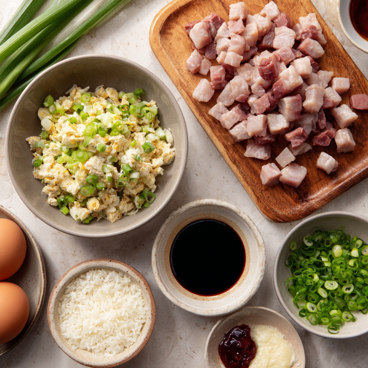 A prep table with mise en place for fried rice: bowls of scrambled eggs with green onions, raw pork cubes, soy sauce, cold cooked rice, and chopped scallions.
