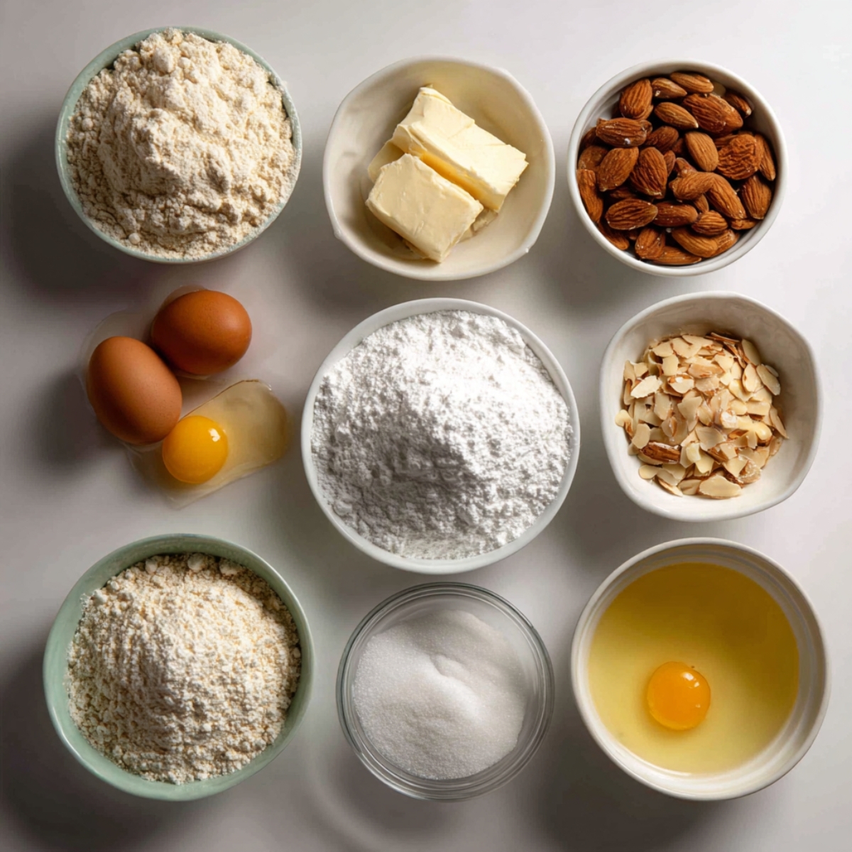A collection of almond cake ingredients in bowls: flour, sugar, butter, eggs, whole almonds, and sliced almonds.