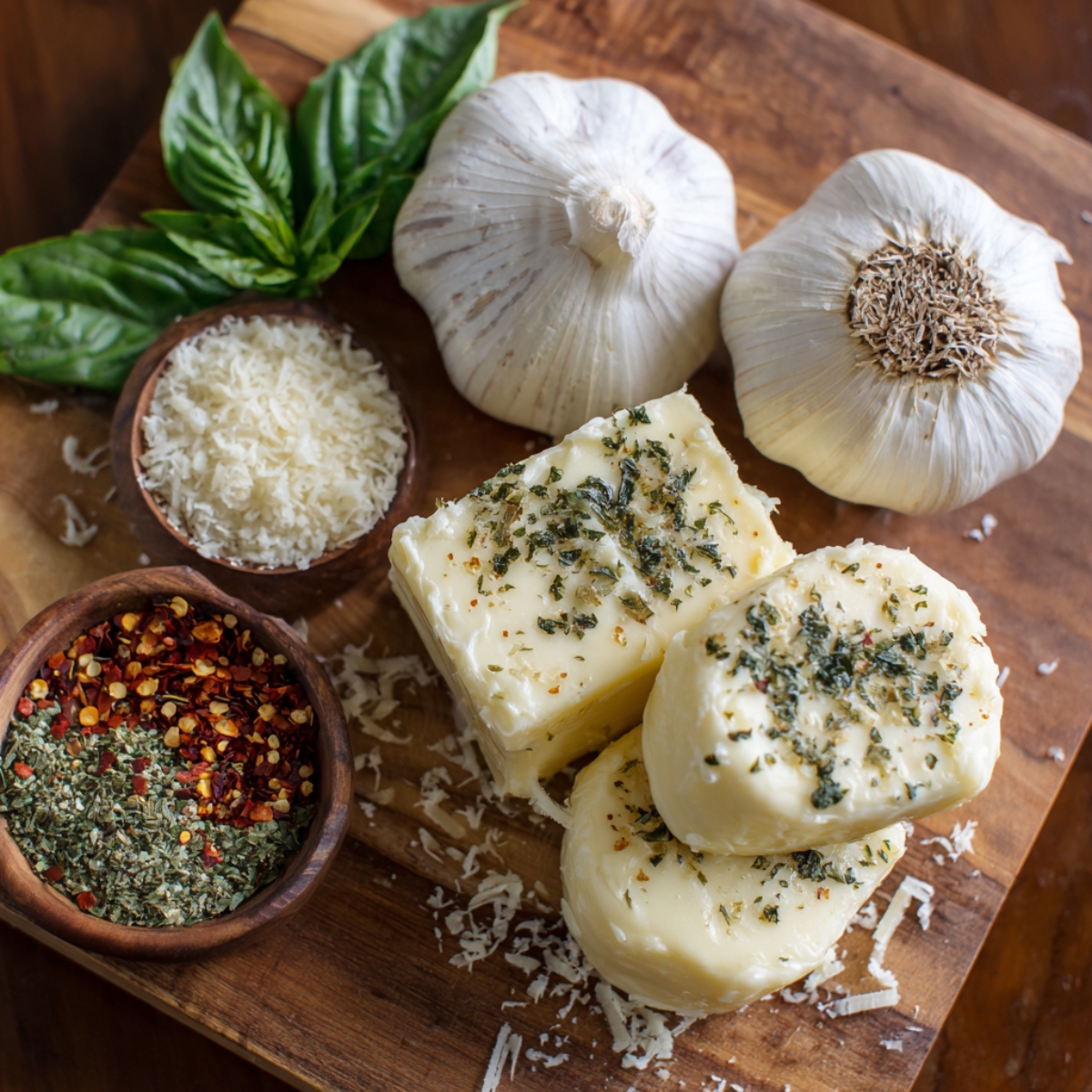 Whole garlic bulbs, herb-seasoned butter, grated Parmesan cheese, red pepper flakes, and fresh basil on a wooden board.