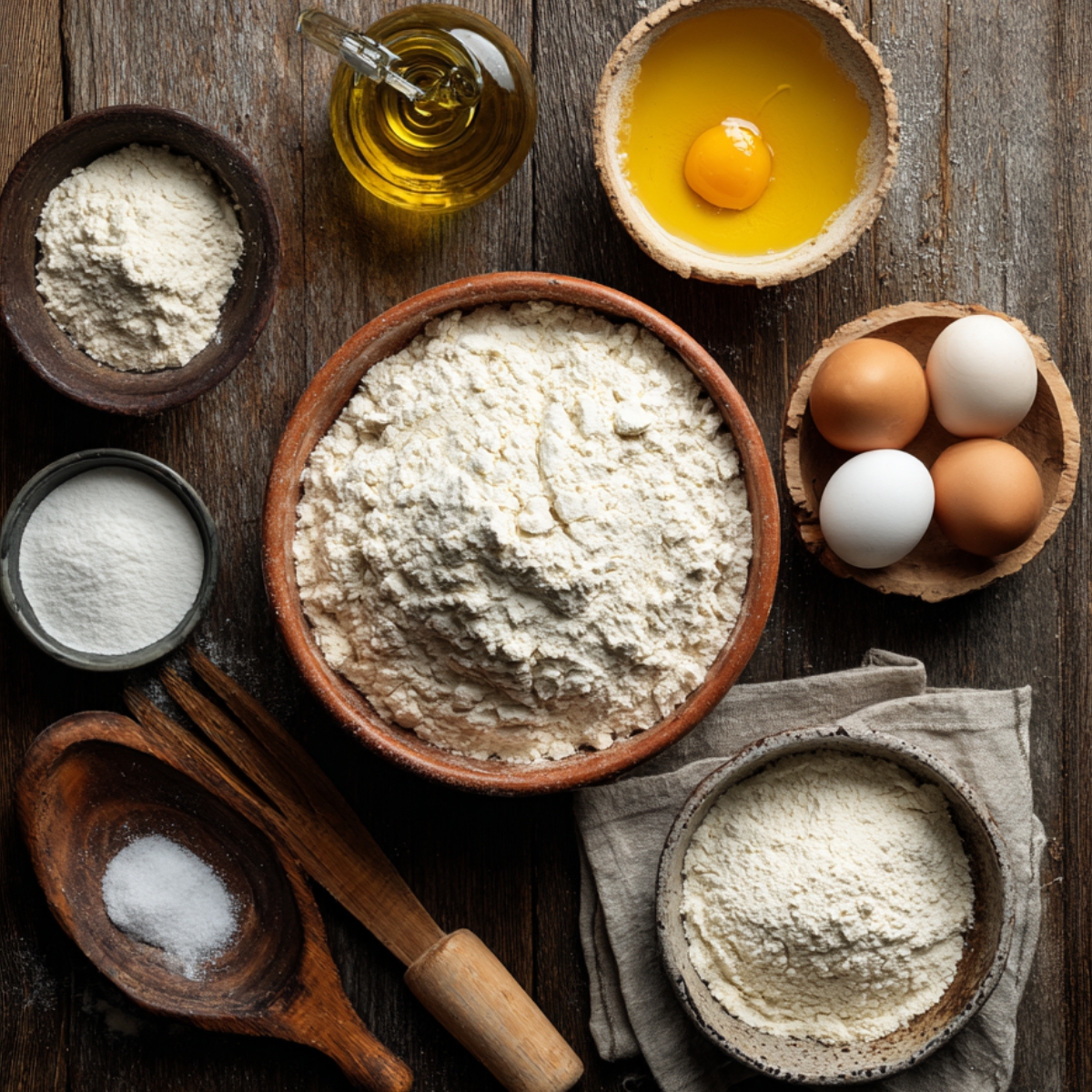 Bowls of flour, olive oil, eggs, sugar, and salt arranged with wooden utensils on a rustic wooden surface.