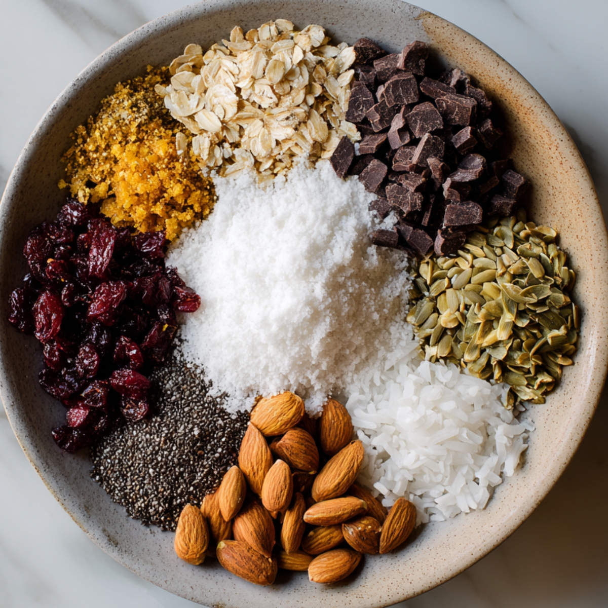 A round plate neatly arranged with assorted granola bar mix-ins such as oats, almonds, pumpkin seeds, shredded coconut, dark chocolate chunks, dried cranberries, chia seeds, and brown sugar.