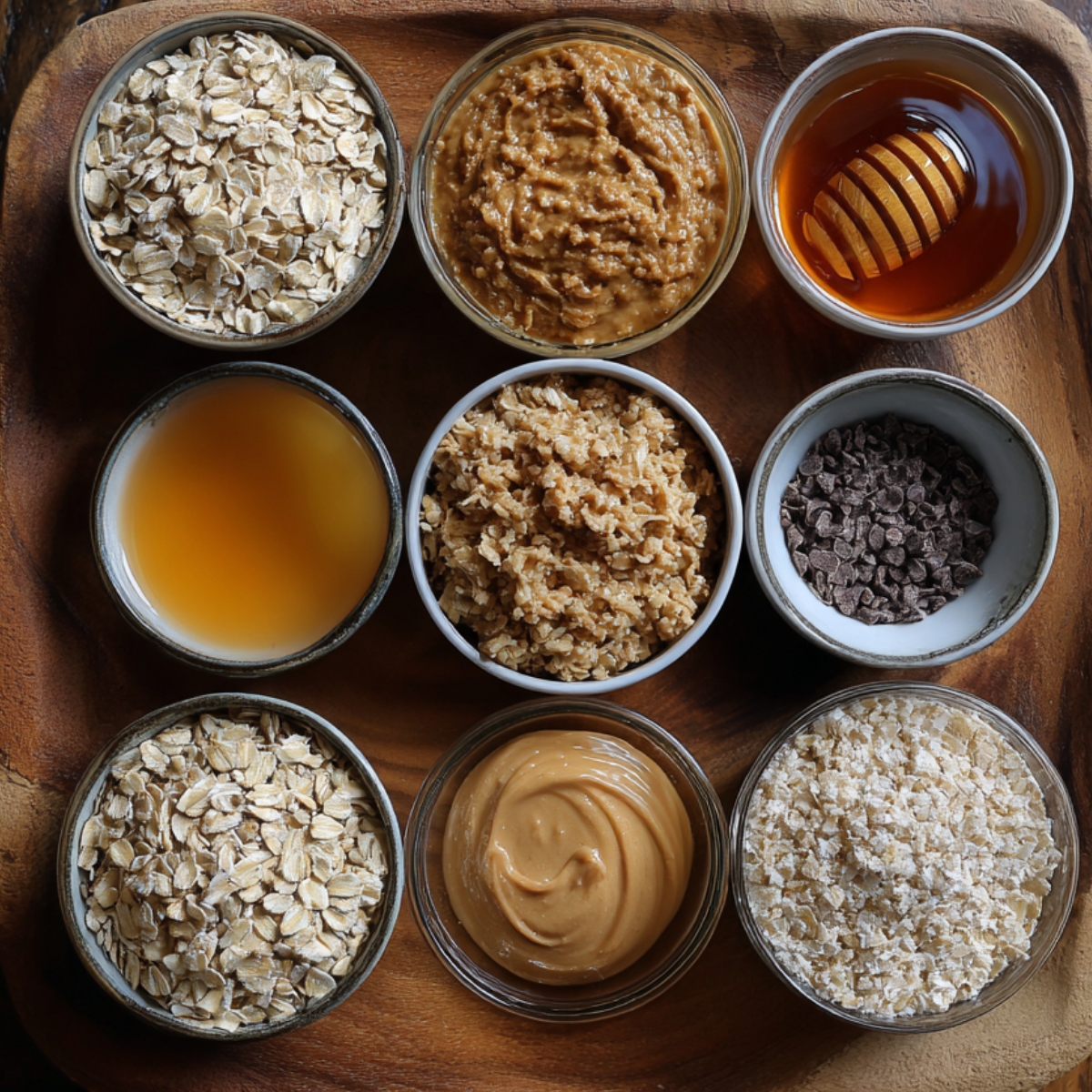 A square wooden tray holding small bowls of base ingredients like oats, peanut butter, honey, brown rice syrup, chocolate chips, and puffed grains.