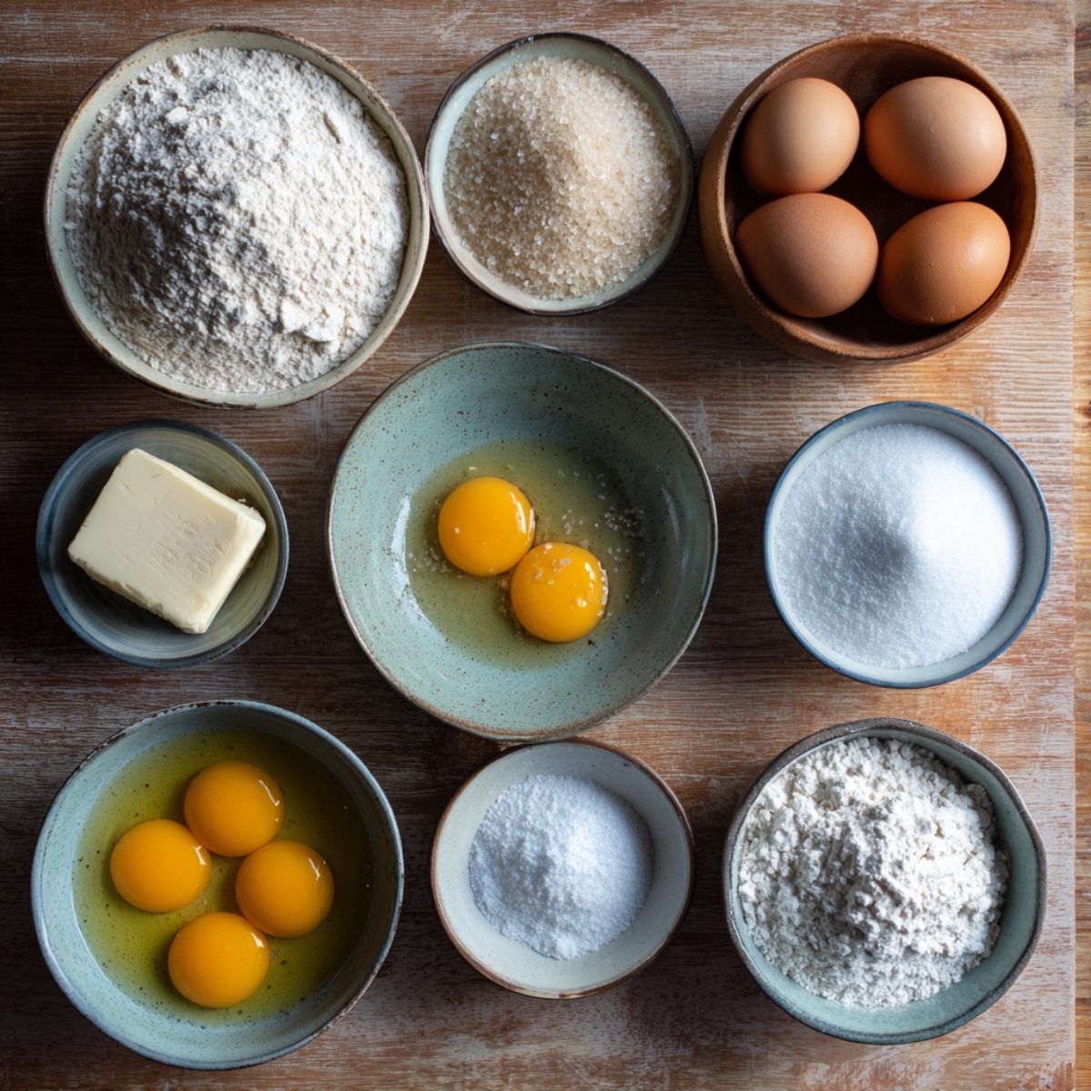 Baking essentials laid out in bowls, including flour, sugar, eggs, egg yolks, butter, and salt, ready to make the dough.