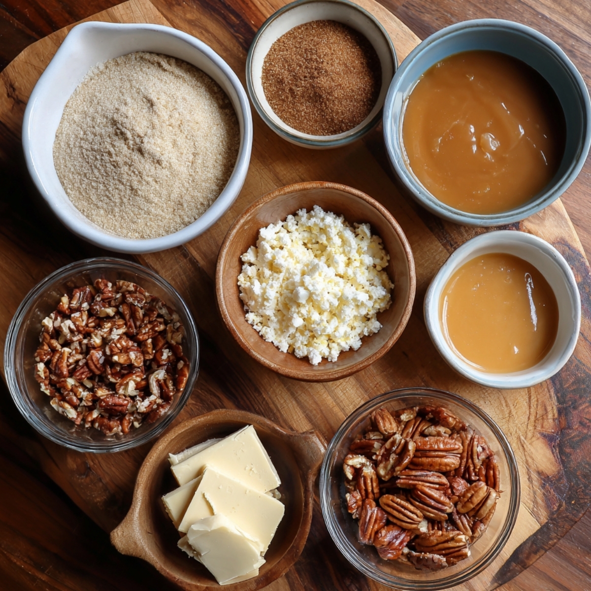 Small bowls of brown sugar, ground cinnamon, caramel sauce, butter, pecans, and crumbled cheese arranged on a wooden board.