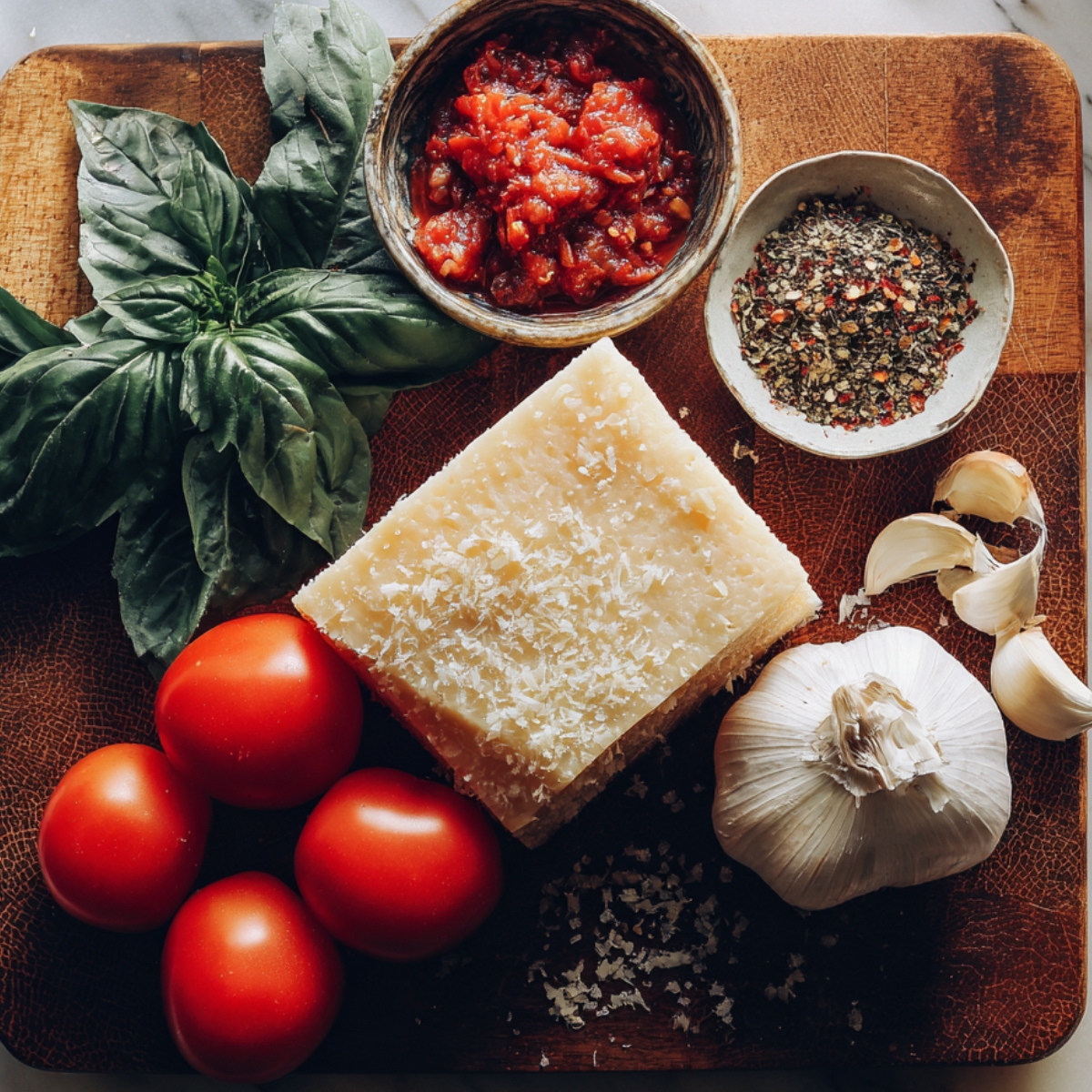 A wooden board with Parmesan cheese, garlic, basil leaves, tomatoes, Italian seasoning, and tomato paste classic pizza casserole ingredients.