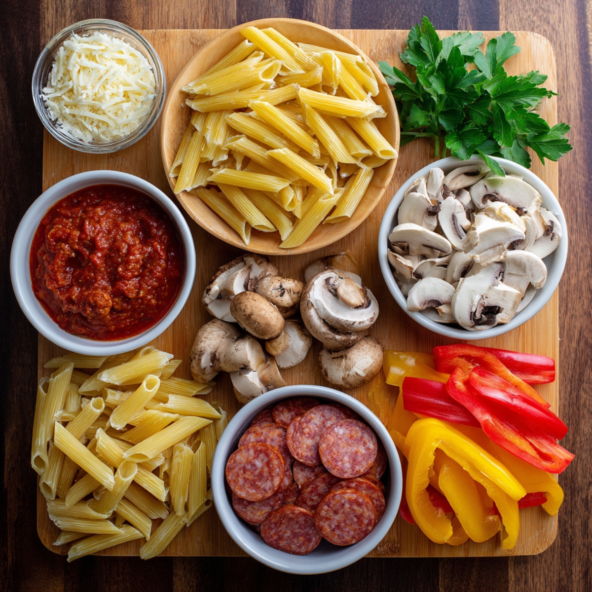 An overhead shot of uncooked pizza casserole ingredients: pasta, pepperoni, mushrooms, bell peppers, tomato sauce, shredded cheese, and fresh herbs arranged on a board.