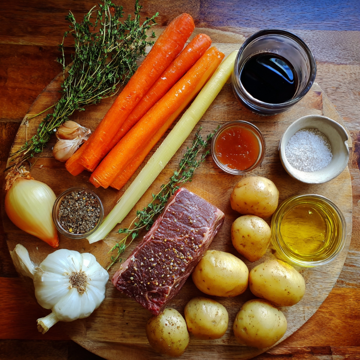 “The main pot roast ingredients displayed: chuck roast, carrots, potatoes, onions, garlic, celery, fresh thyme, olive oil, salt, pepper, broth, and seasonings.”