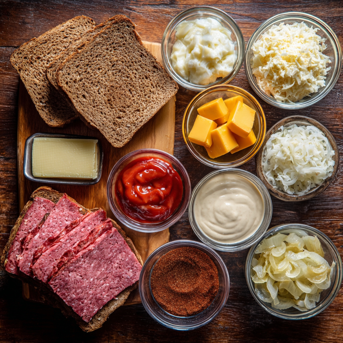 The essentials: thick rye bread, tender corned beef, Swiss cheese, tangy sauerkraut, creamy dressing, plus butter to crisp it all up.