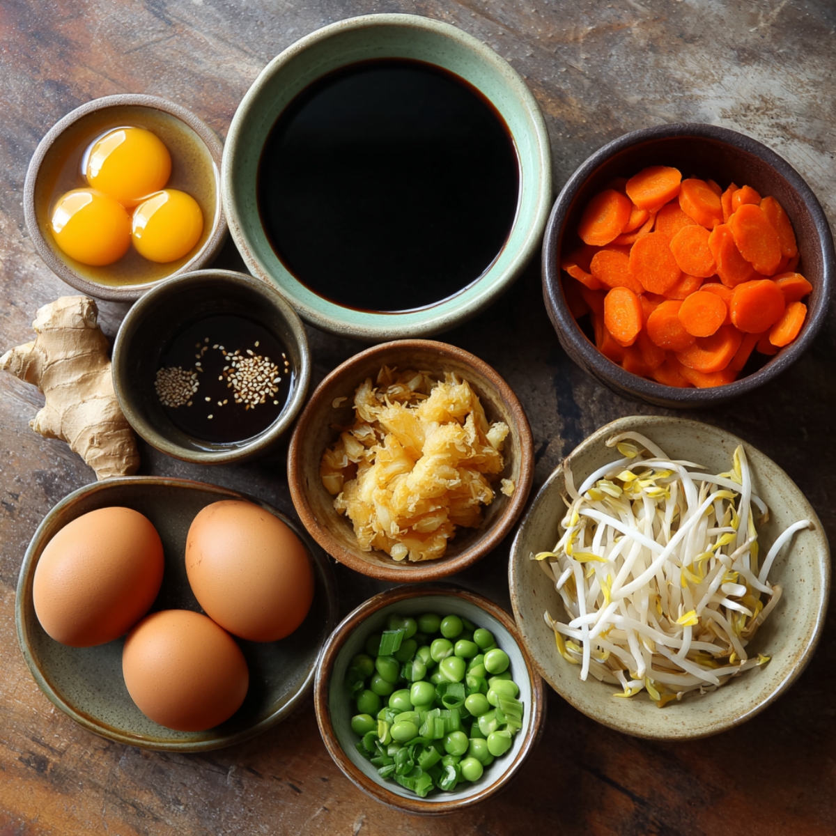 An arrangement of fried rice ingredients: eggs, soy sauce, ginger, green peas, sliced carrots, bean sprouts, and dark soy sauce in small bowls.