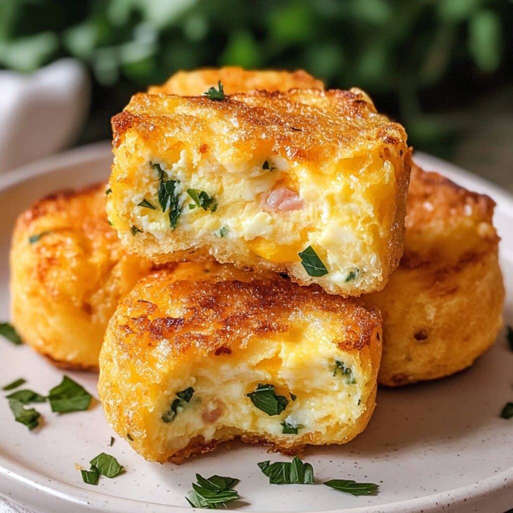 Homemade air fryer egg bites with a golden crust, filled with fluffy eggs, herbs, and cheese, served on a white plate and topped with fresh parsley.