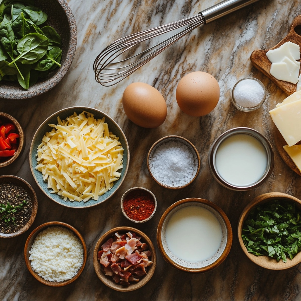 Air fryer egg bite ingredients on a marble counter: eggs, shredded cheese, milk, spinach, bacon, peppers, seasonings, and a whisk arranged for homemade prep.