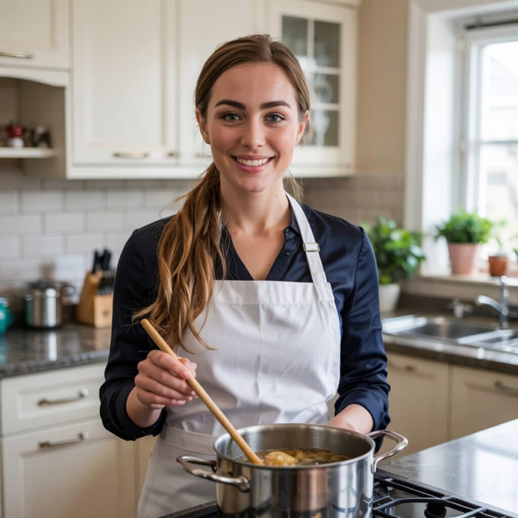 Amelia, owner of Easy Savory Meals blog, smiling while cooking a homemade soup in a modern white kitchen, wearing a white apron and navy blouse.