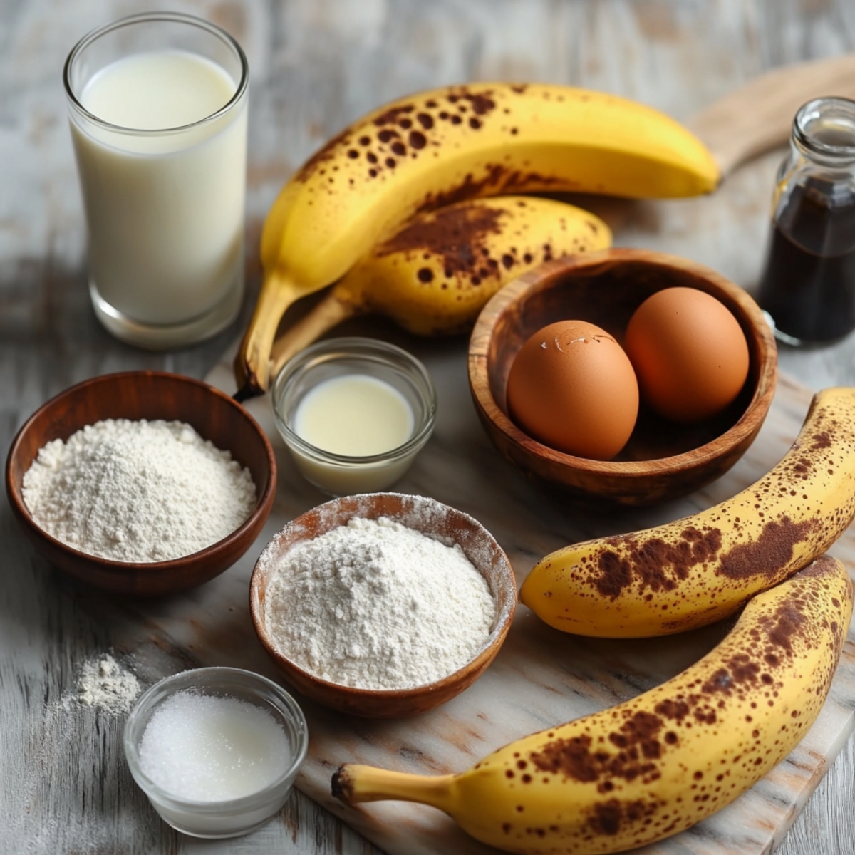 Ripe bananas, eggs, flour, sugar, milk, melted butter, and vanilla extract arranged on a rustic kitchen counter, ready for homemade banana pancakes.