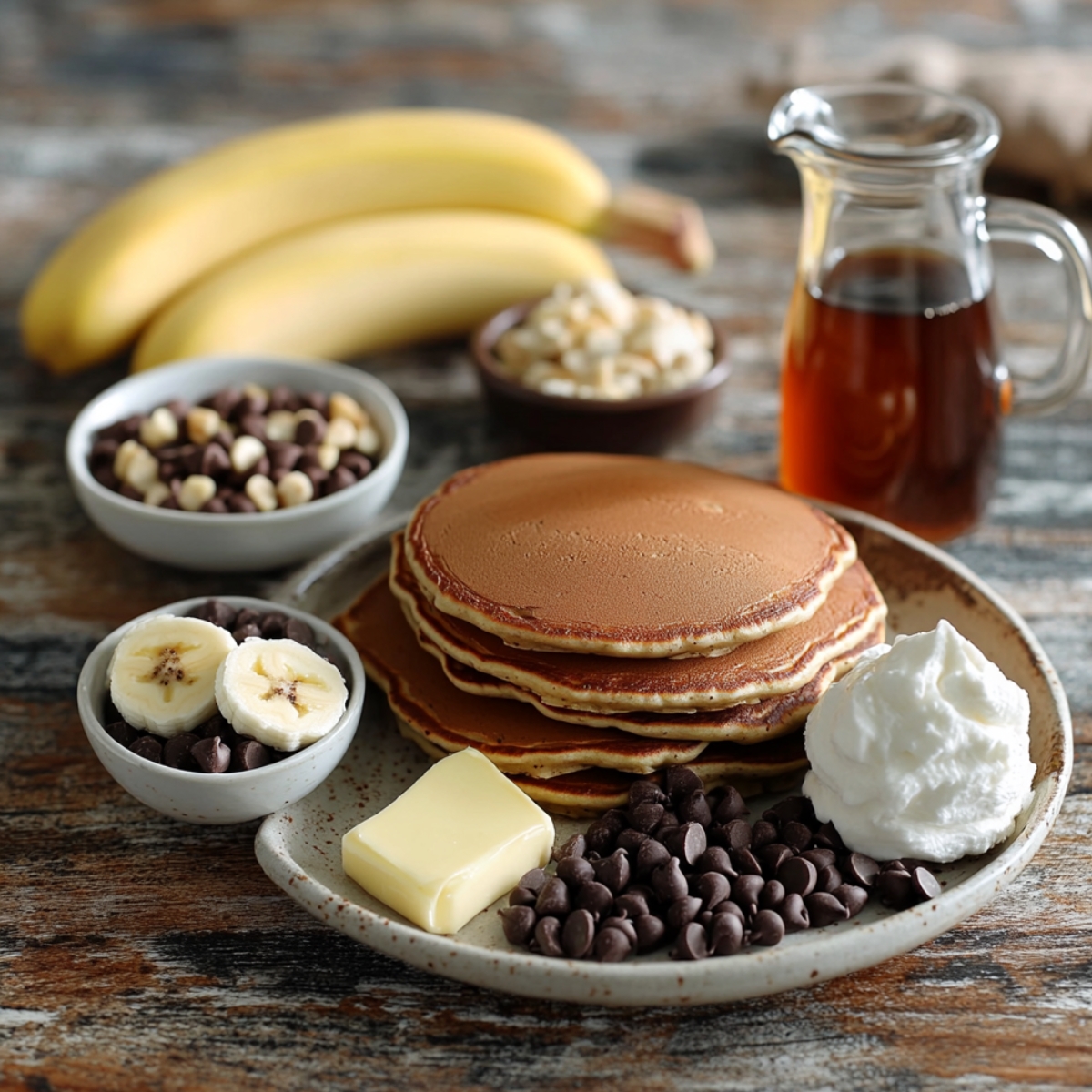 A plate of fluffy banana chocolate chip pancakes served with whipped cream, chocolate chips, banana slices, and butter, surrounded by maple syrup, fresh bananas, and bowls of toppings on a rustic wooden table.