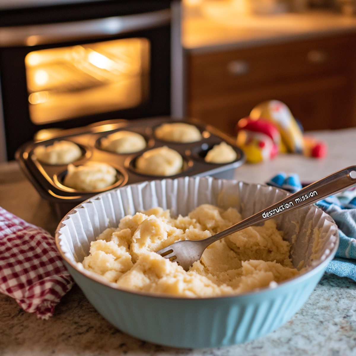 Homemade muffin prep with mashed banana batter in a blue bowl, fork labeled “destruction mission,” filled muffin tin nearby, oven glowing in the background, and a toy on the counter.