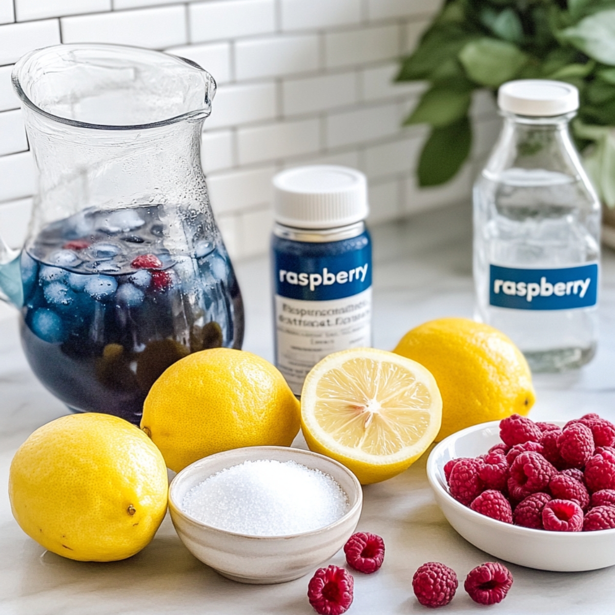 Homemade blue raspberry lemonade ingredients on a marble counter: a glass pitcher with blue drink, lemons (whole and halved), a bowl of raspberries, a small bowl of sugar, raspberry extract bottle, and a clear bottle of simple syrup. White tile background and fresh green herbs add a bright, real kitchen feel.