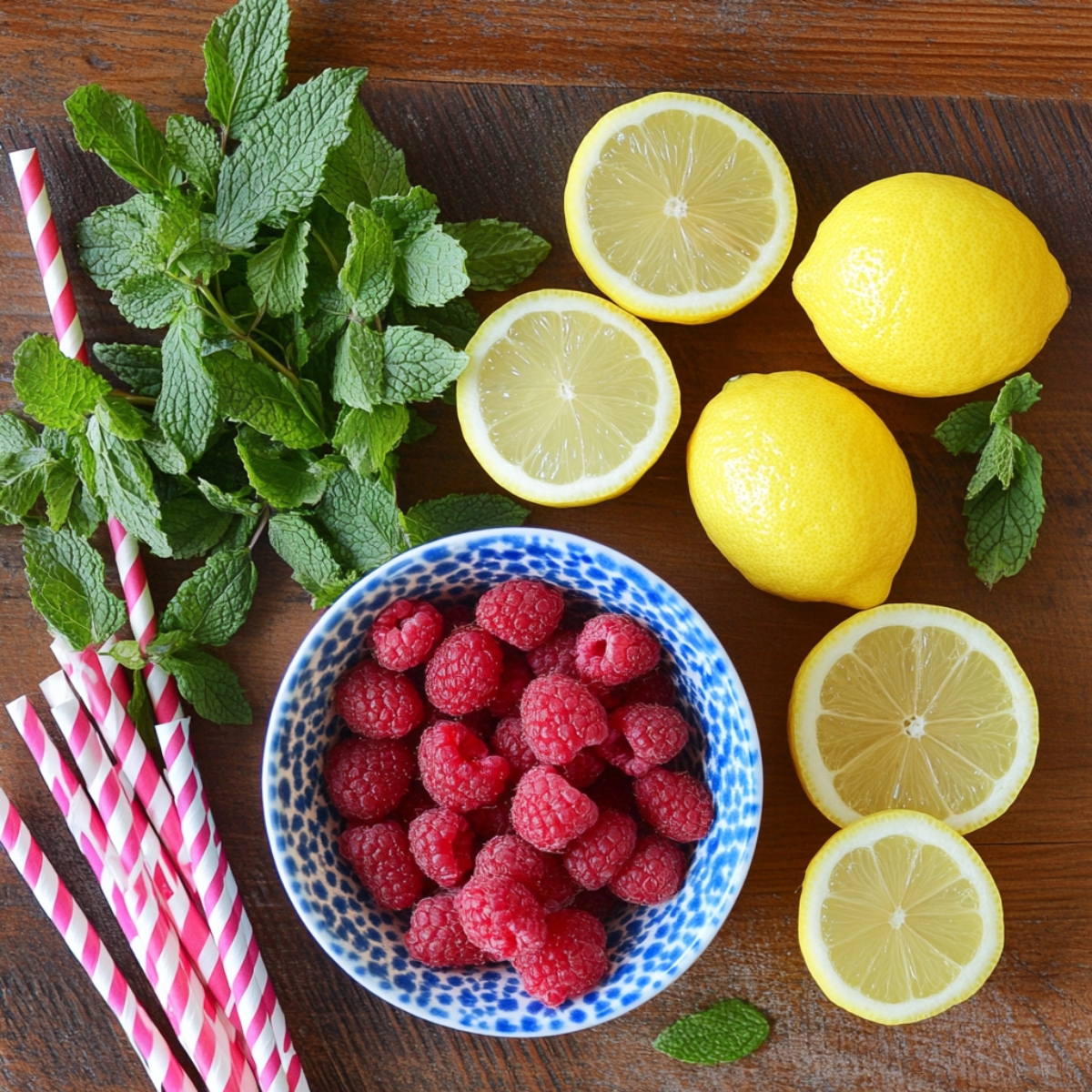 Top-down view of homemade lemonade ingredients on a wooden surface: a speckled bowl of raspberries, whole and halved lemons, mint sprigs, and pink-striped paper straws. Natural lighting, real and rustic vibe.