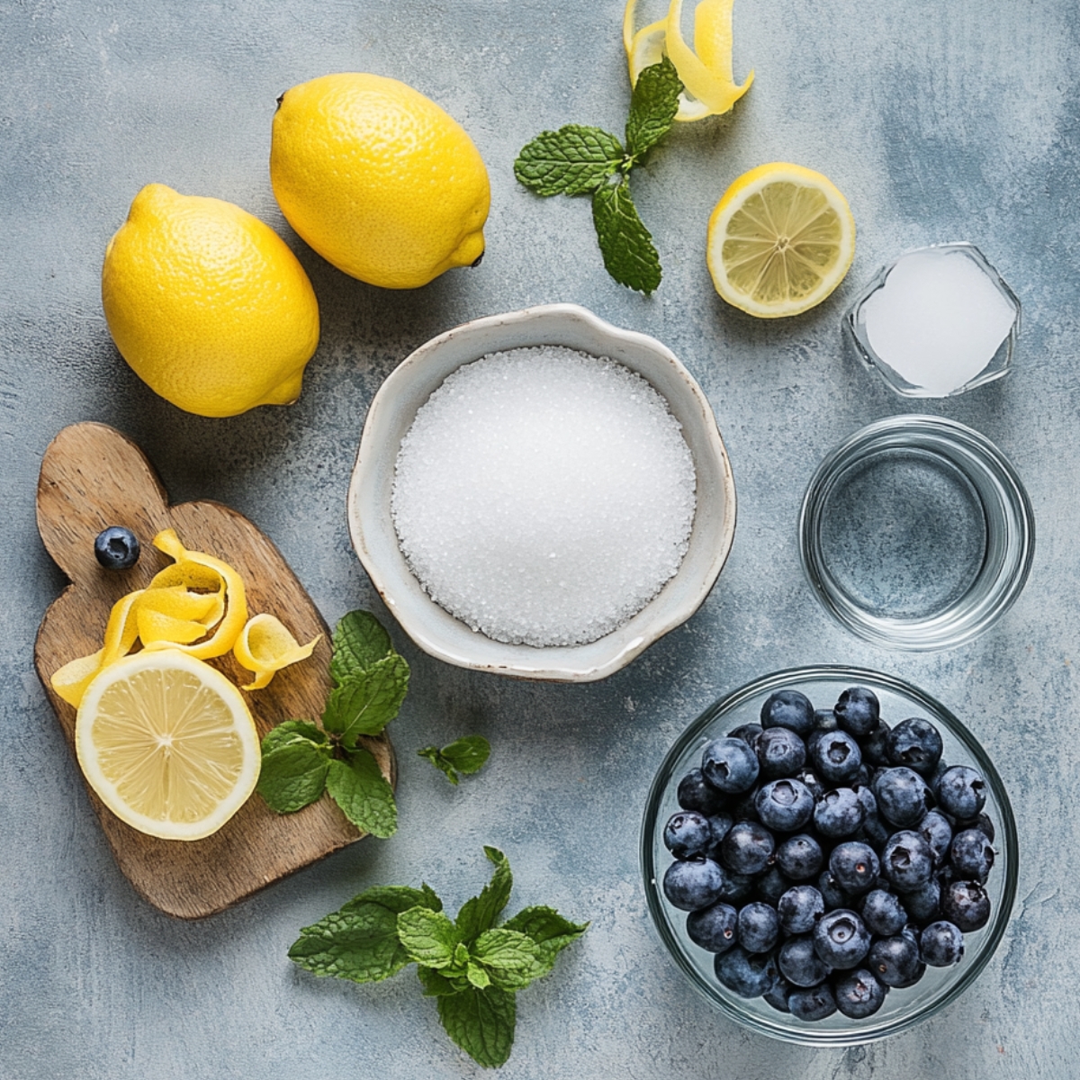 Top view of fresh ingredients for a homemade blueberry lemon drop martini, including lemons, blueberries, sugar, mint leaves, lemon zest, and simple syrup on a textured countertop.