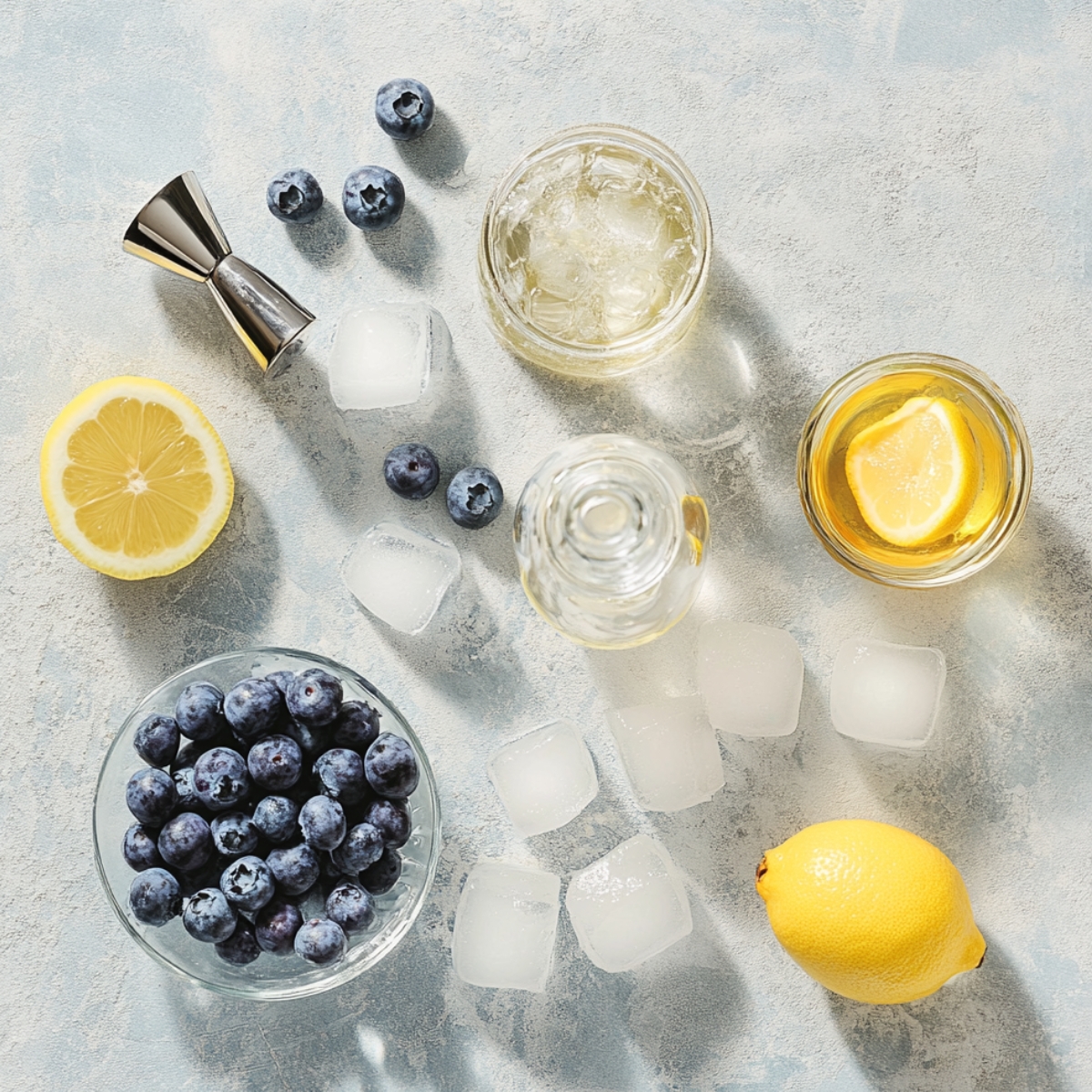 Fresh ingredients for blueberry lemon drop martini on a textured surface, including blueberries, lemon, ice cubes, simple syrup, lemon juice, and a jigger in natural sunlight.