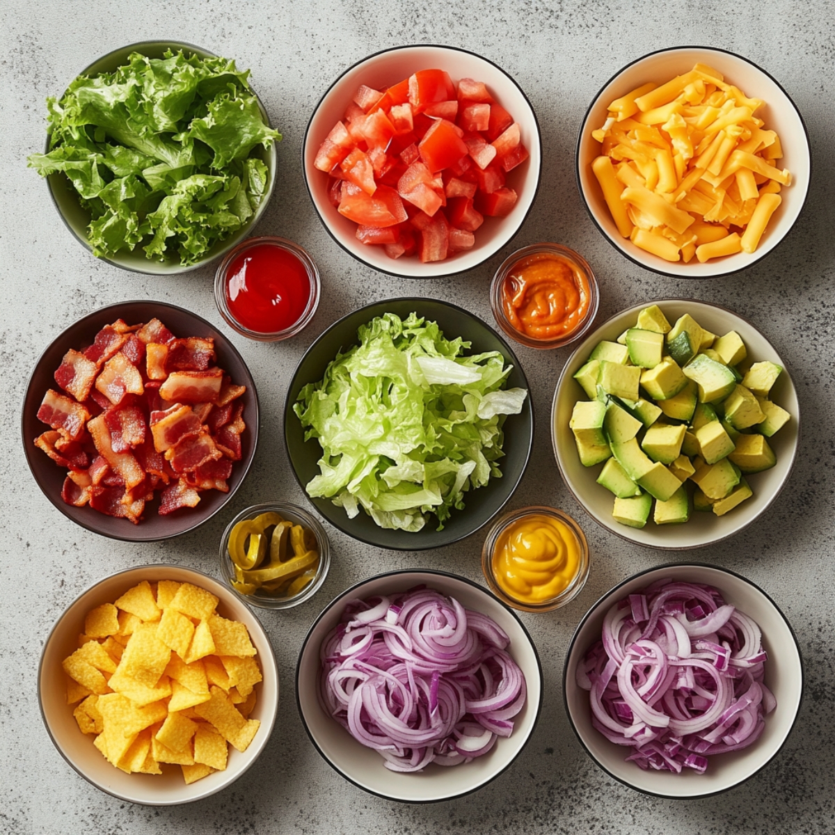 "Homemade burger toppings in bowls on a gray counter: lettuce, tomato, bacon, avocado, cheddar, red onion, pickles, American cheese, ketchup, mustard, and burger sauce.