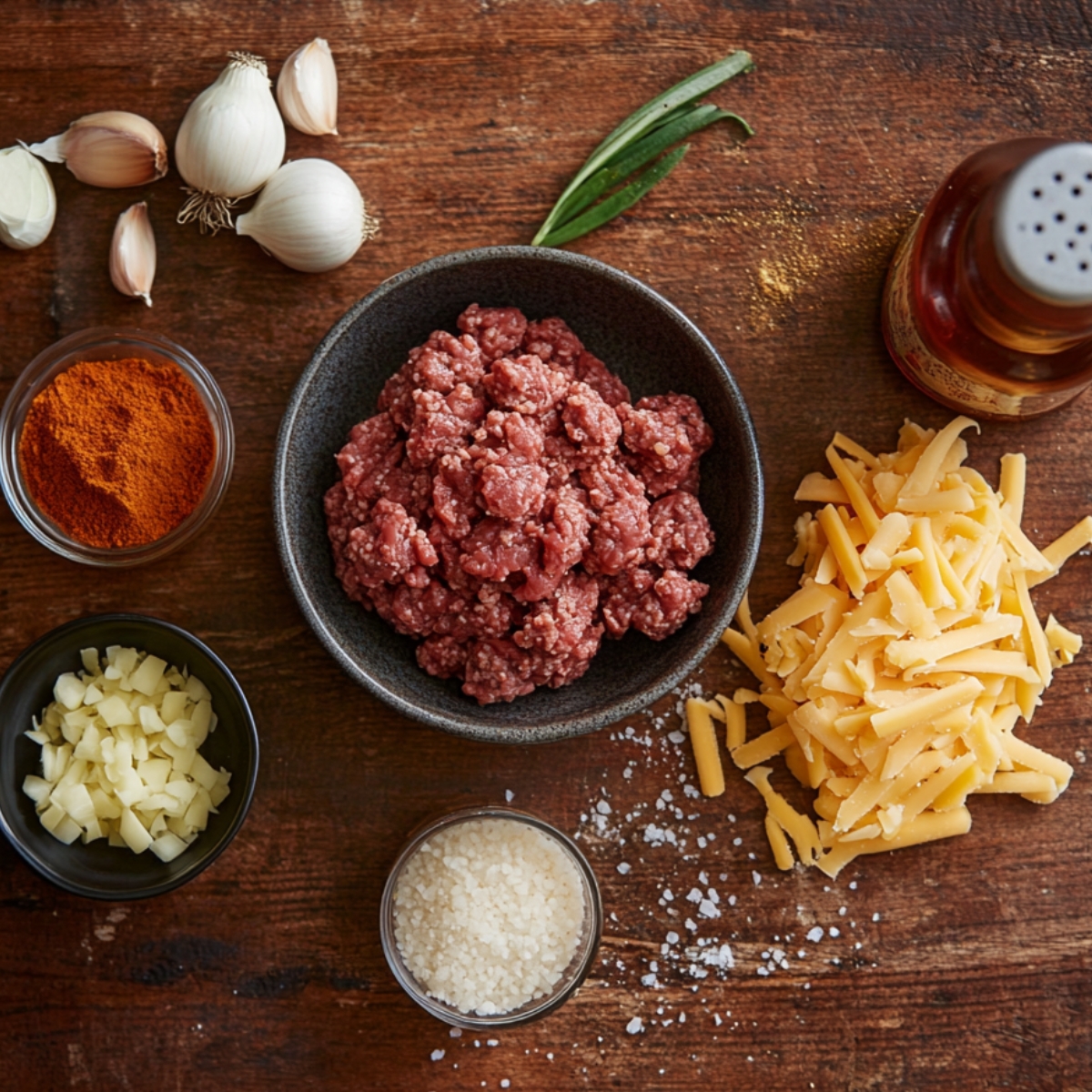 Rustic kitchen scene with ground beef, cheddar cheese, diced onion, paprika, garlic, salt, and Worcestershire sauce on a wooden table.