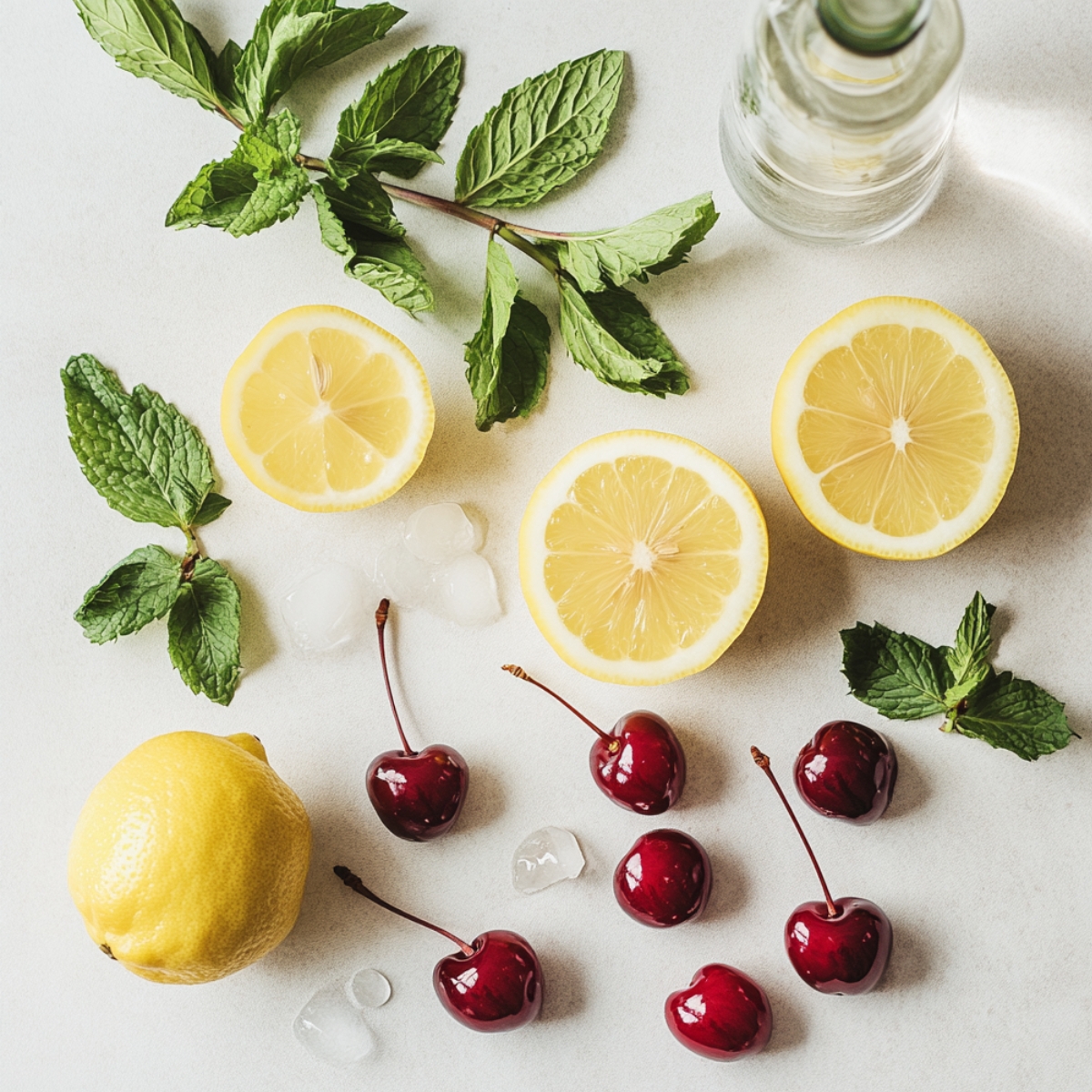 Fresh lemons, cherries, mint leaves, ice cubes, and a bottle of sparkling water arranged on a light countertop—ingredients for homemade cherry lemonade.