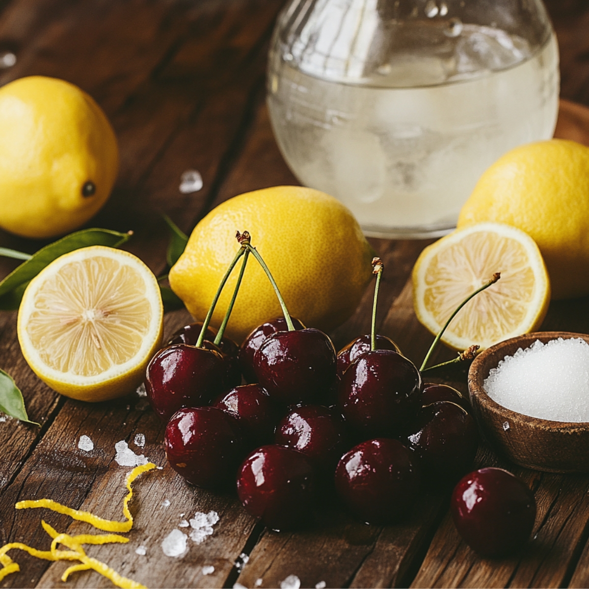 Fresh cherries, lemons, sugar, and a pitcher of cold water arranged on a rustic wooden table—ingredients for homemade cherry lemonade.