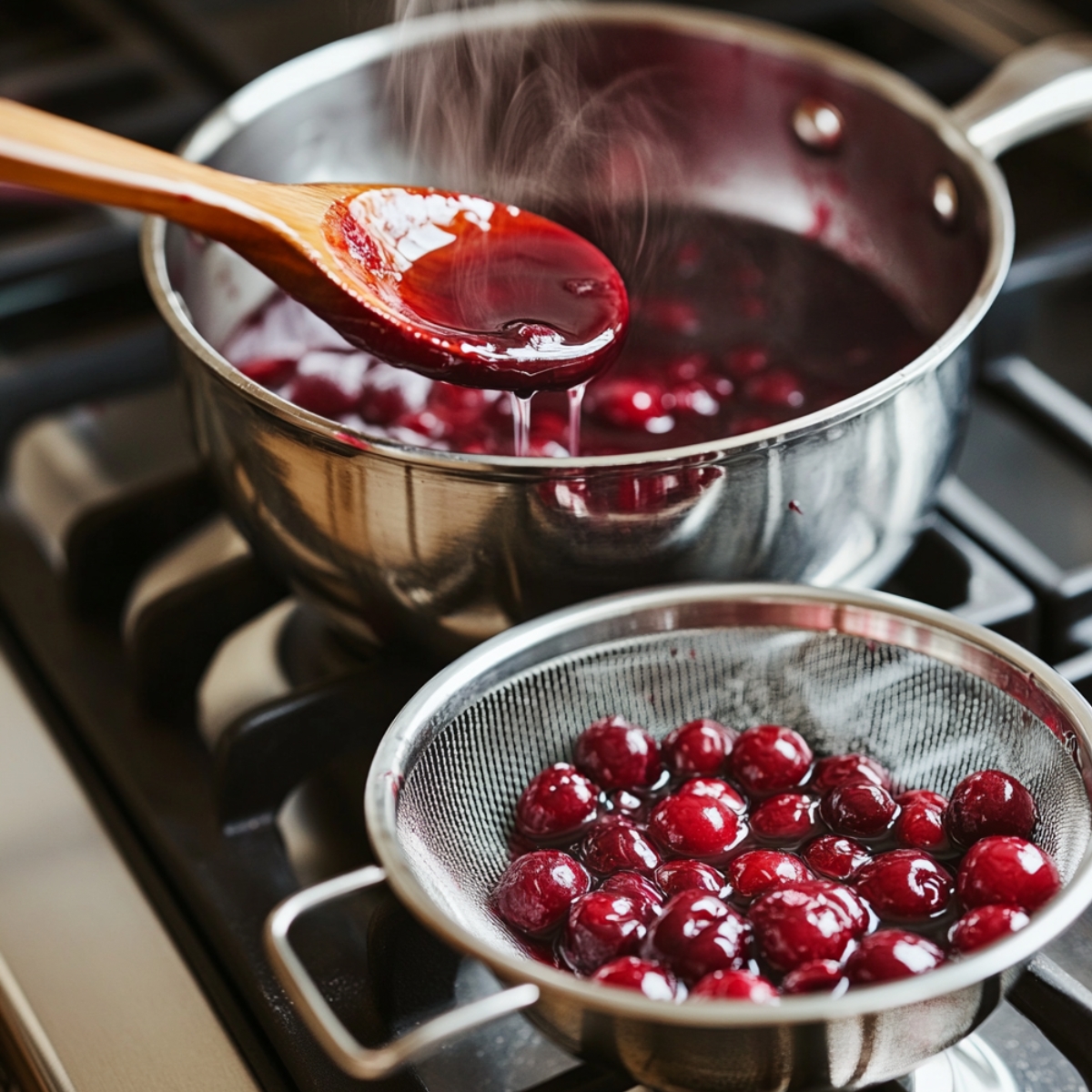 Homemade cherry syrup simmering in a saucepan on the stove, with a wooden spoon lifting thick, glossy syrup. Softened cherries sit in a mesh strainer below, steam rising gently in a cozy kitchen setting.